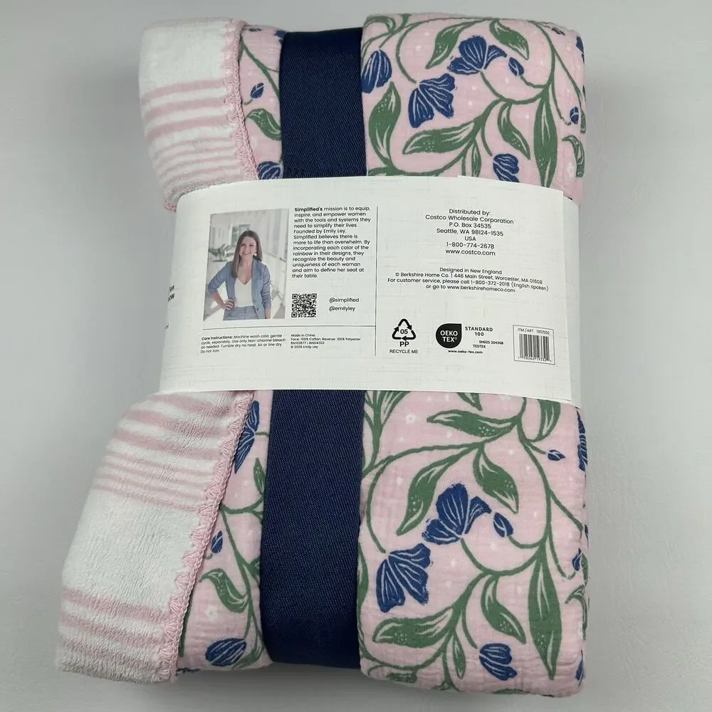 Artist Collection Cotton Gauze Throw Plush Reverse Pink Floral Blanket 60x70